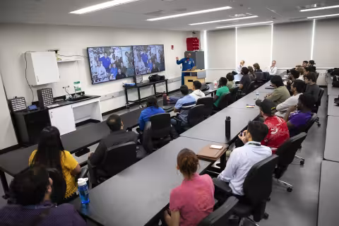 Former NASA Astronaut Leland Melvin talks to students at the College of Nanotechnology, Science, and Engineering.