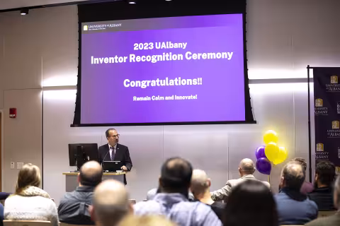 UAlbany President Havidán Rodríguez closes Research and Entrepreneurship Week at UAlbany during the Inventors Recognition Ceremony at ETEC. (Photo by Patrick Dodson)