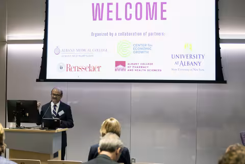 Thenkurussi (Kesh) Kesavadas delivers opening remarks at the BioInnovation Forum at UAlbany's ETEC.
