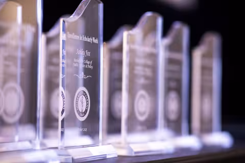 A table of faculty awards on display before the Senior Faculty recognition event at UAlbany during Research and Entrepreneurship Week.