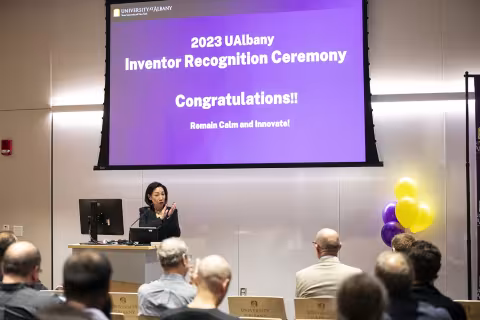 Provost and Senior Vice President for Academic Affairs Carol H. Kim congratulates the award winners.