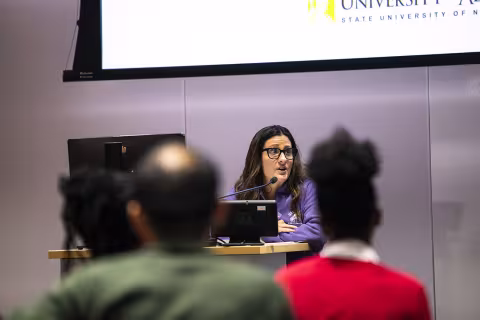 Students participate in the  2023 Quick Pitch Competition inside ETEC at UAlbany.