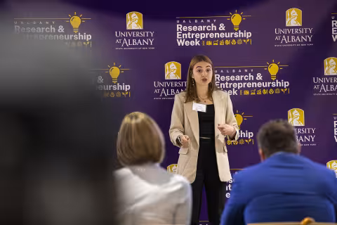 Students participate in the  2023 Quick Pitch Competition inside ETEC at UAlbany.