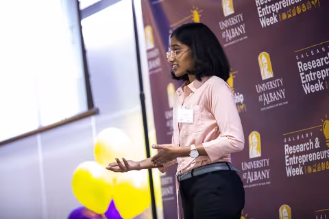 Students participate in the  2023 Quick Pitch Competition inside ETEC at UAlbany.