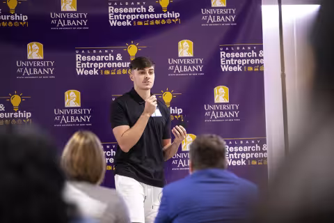 Students participate in the  2023 Quick Pitch Competition inside ETEC at UAlbany.