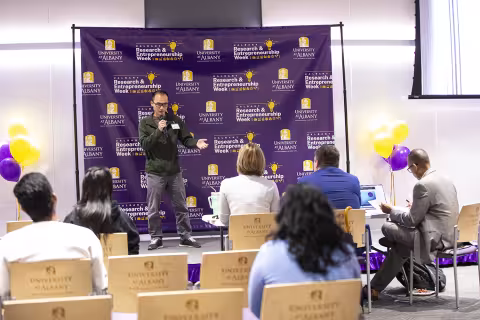 Students participate in the  2023 Quick Pitch Competition inside ETEC at UAlbany.