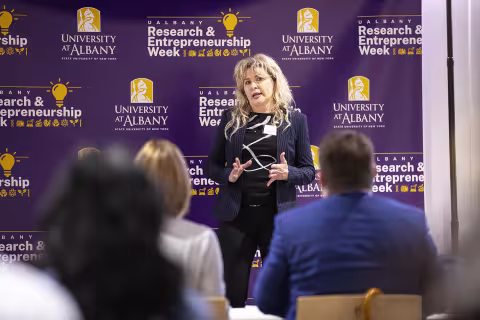 Students participate in the  2023 Quick Pitch Competition inside ETEC at UAlbany.