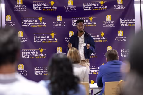Students participate in the  2023 Quick Pitch Competition inside ETEC at UAlbany.