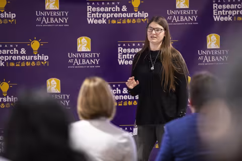 Students participate in the  2023 Quick Pitch Competition inside ETEC at UAlbany.