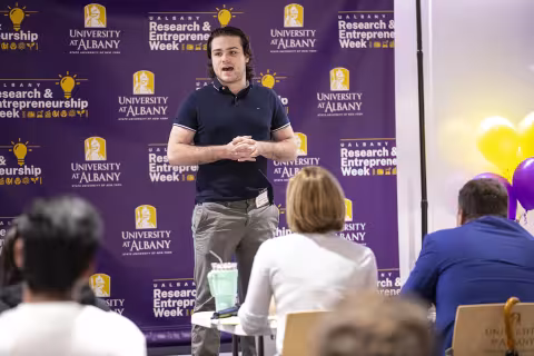 Students participate in the  2023 Quick Pitch Competition inside ETEC at UAlbany.