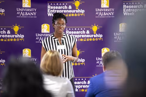 Students participate in the  2023 Quick Pitch Competition inside ETEC at UAlbany.