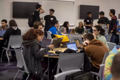UAlbany students host the University's first-ever hackathon at the ETEC building on April 13, 2024.
