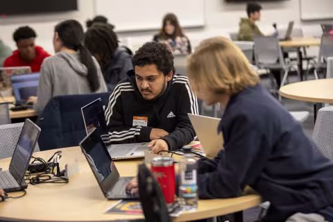 UAlbany students host the University's first-ever hackathon at the ETEC building on April 13, 2024.