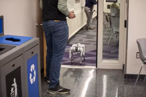 UAlbany's robot dog is on display the University's first-ever hackathon at the ETEC building on April 13, 2024.