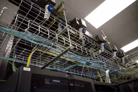 An elevated wire rack holding multi-colored data cables.