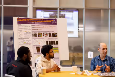 Students discuss their projects during R&E Week at UAlbany in October, 2024.