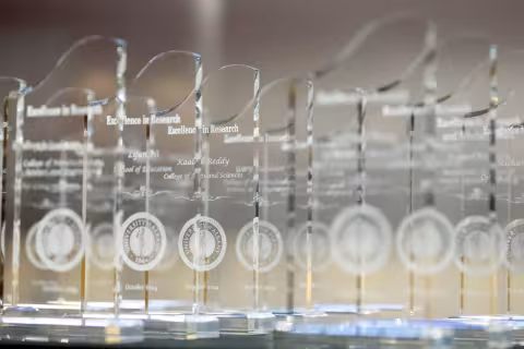 Several glass awards are seen during R&E Week at UAlbany in October, 2024.