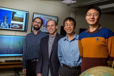 UAlbany atmospheric scientists from left: Justin Minder, Jeff Freedman, Liming Zhou, Geng Xia. (Photo by Brian Busher)