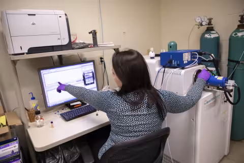 Allix Coon uses a mass spectrometer to chemically analyze a wood sample.