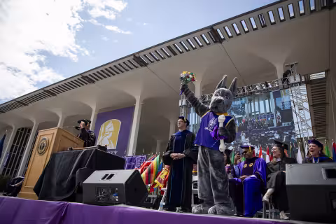 A large great dane mascot with gray fur and a bone in his hand raises his arm as people in commencement garb behind him cheer him on.