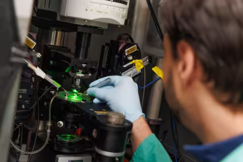 A man with dark hair, green lab coat and blue gloves adjusts a specimen placed in a dish under a microscope using tweezers. A green laser is pointed at the specimen.