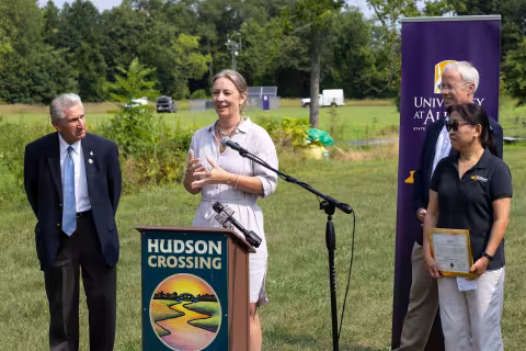 Kate Morse, executive director of Hudson Crossing Park, offers remarks during the Mesonet 10-year anniversary event.