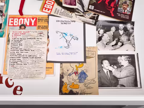 overhead view of a display case full of archival materials