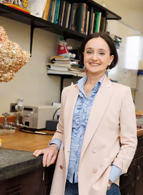 A woman with short brown hair smiles for a portrait. She is wearing a pale pink blazer with a frilled, pale blue blouse underneath.