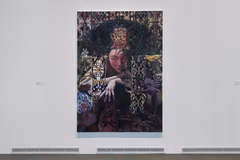 Painting of a figure leaning on their hands with a decorative hat.