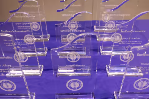A dozen glass Excellence in Innovation awards are arranged in neat rows on a table with a purple tablecloth.