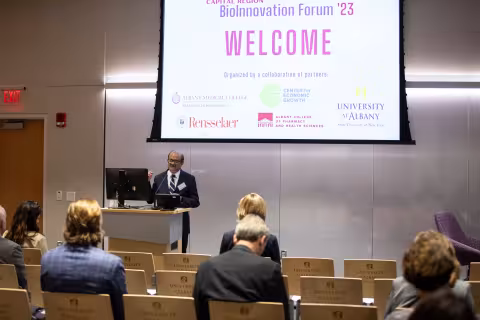 UAlbany Vice President for Research & Economic Development Thenkurussi (Kesh) Kesavadas welcomes attendees to the Capital Region BioInnovation Forum 2023.