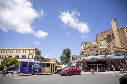 UAlbany bus at the Palace Theater in downtown Albany.