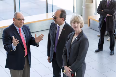 Hany Shawky, President Havidán Rodríguez and SUNY Chancellor Kristina Johnson 