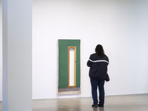 Visitor looking at a green painting
