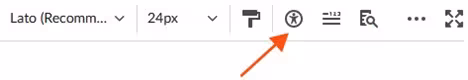 A screenshot of the toolbar in the rich text editor in Brightspace with a red arrow pointing to the accessibility checker tool