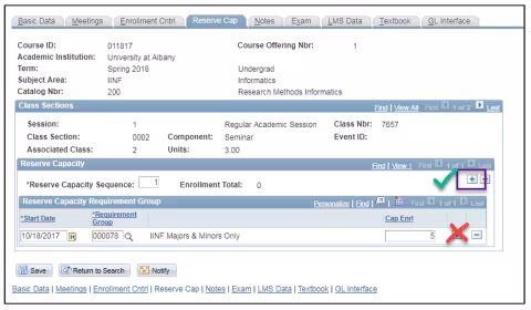 A screenshot of the PeopleSoft page, showing how to add a row to the Reserve Capacity block.