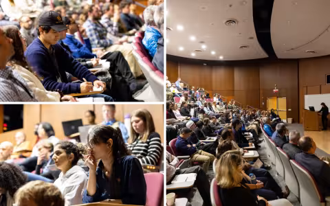 Composite image comprised of three photographs all depicting people seated in an indoor auditorium. A range of ages are represented. All are focused on a speaker presenting at the from of the room. 