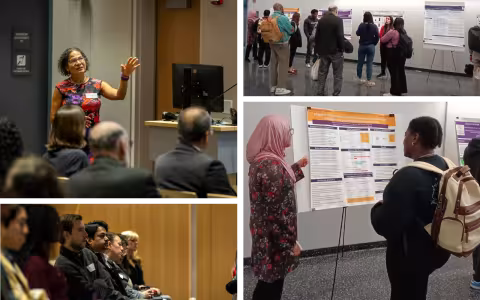 Composite image featuring four photos including: a woman in a floral print dress speaking in front of a group, nine people gathered around four posters pinned to display easels, two people standing next to one poster pinned to a display easel, and a row of seated people listening to a speaker who is out of the frame.  