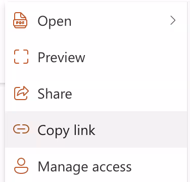 A screenshot of the menu of options for a document hosted on a SharePoint for Web Documents, with the Copy Link option selected, as described in the text immediately above this image.