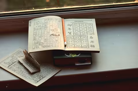 A stack of books on a window sill. On top is a puzzle book featuring Sudoku puzzles, with a pencil.
