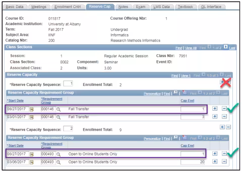 A screenshot of the PeopleSoft page, showing the wrong way to end a reserve, as described above.
