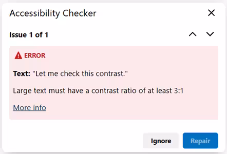 Brightspace Accessibility Checker warning and solution, showing a description of the issue, a link to more info, and options to ignore or repair the flagged issue