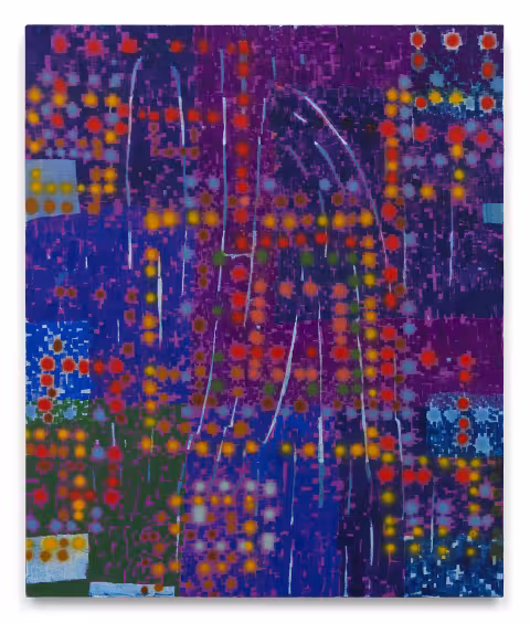 A mostly purple, abstract painting with yellow and red dots that twinkle across the surface in a repeated, rectangular pattern. 