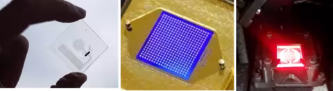 Three panel image of a microfluidic biosensor in panel 1, a close-up image of a plasmonic biosensor chip with microarray spots in panel 2, and an image of the plasmonic chip being illuminated by a laser in panel 3. 