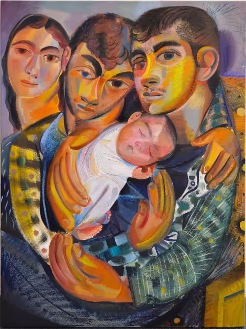 A stylistic painting of two men holding each other and a sleeping baby, with a woman standing behind them.   