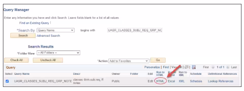 A screenshot of the PeopleSoft page showing how to a query to HTML, as described above.