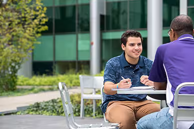 A student meets with an advisor in a courtyard