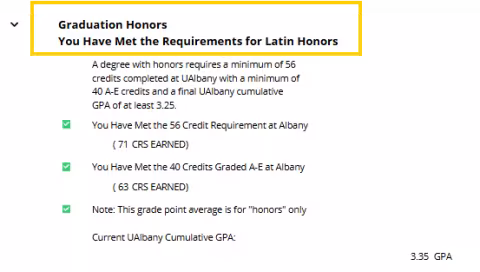 Degree audit showing met requirements for honors.
