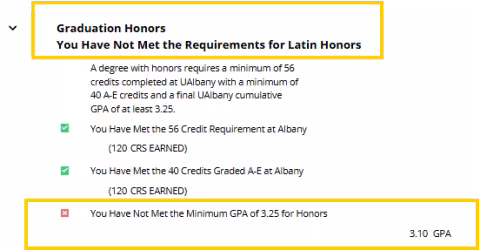 Degree audit showing unmet requirements for honors.