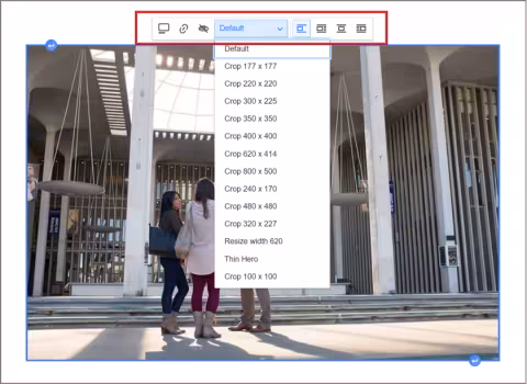 A screenshot of the new Drupal photo editor, with the new image styles menu opened to review the available options.